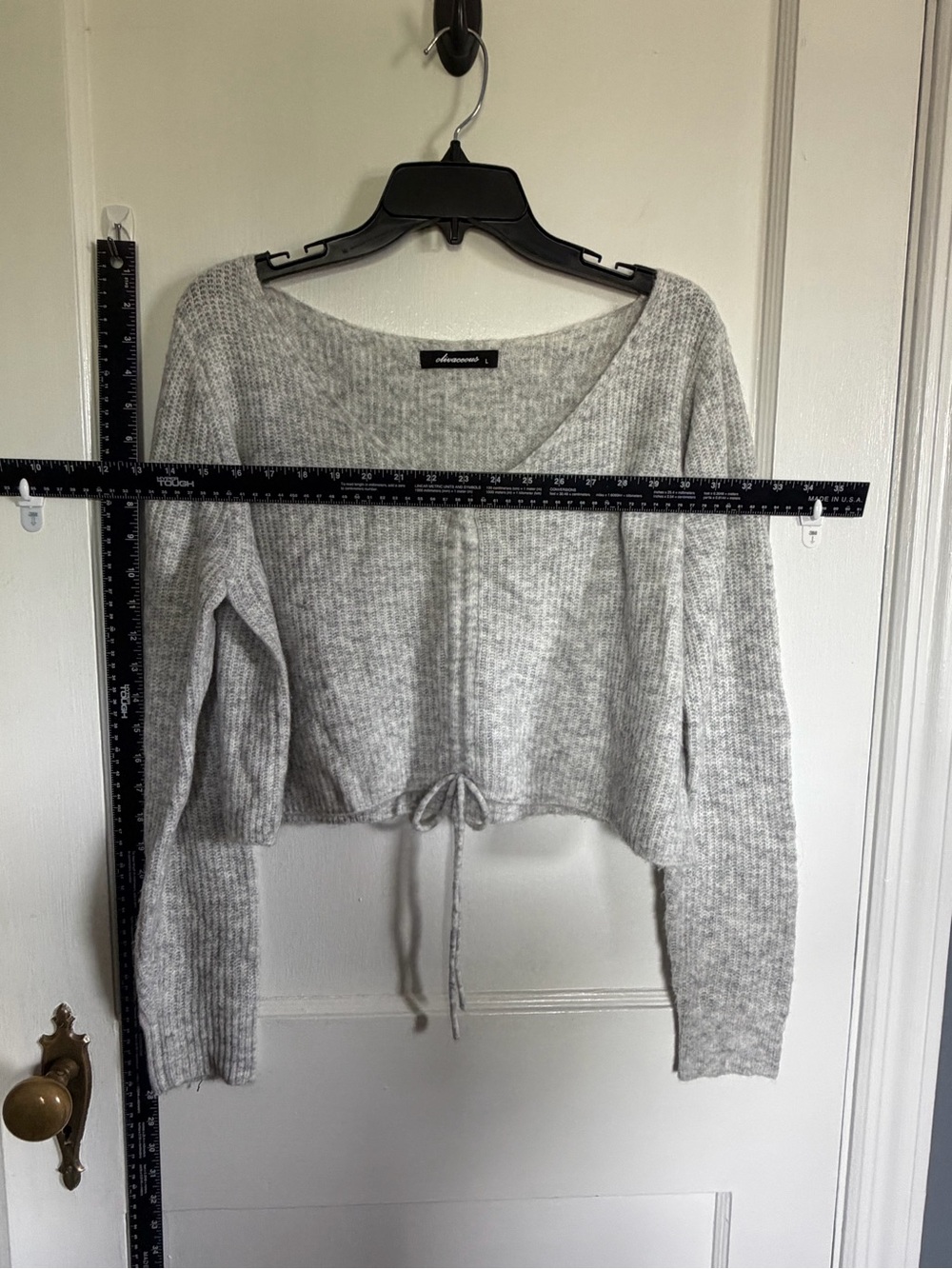Light Gray Ribbed V-Neck Drawstring Crop Sweater